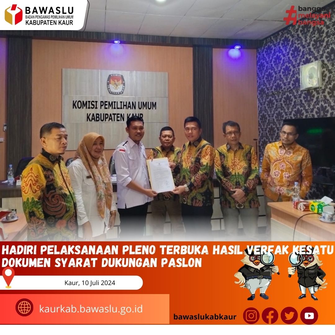 Rapat Pleno Terbuka Rekapitulasi Hasil Verifikasi Faktual kesatu dukungan Bakal Calon Perseorangan Gubernur dan Wakil Gubernur Provinsi Bengkulu Tahun 2024 