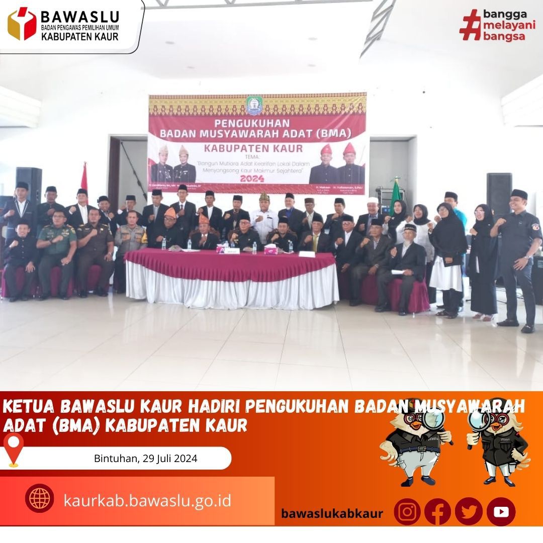 Ketua Bawaslu Kabupaten Kaur dalam rangkaian Pengukuhan Ketua Badan Musyawarah Adat Periode 2024-2029 di Gedung Serbaguna Kabupaten Kaur.