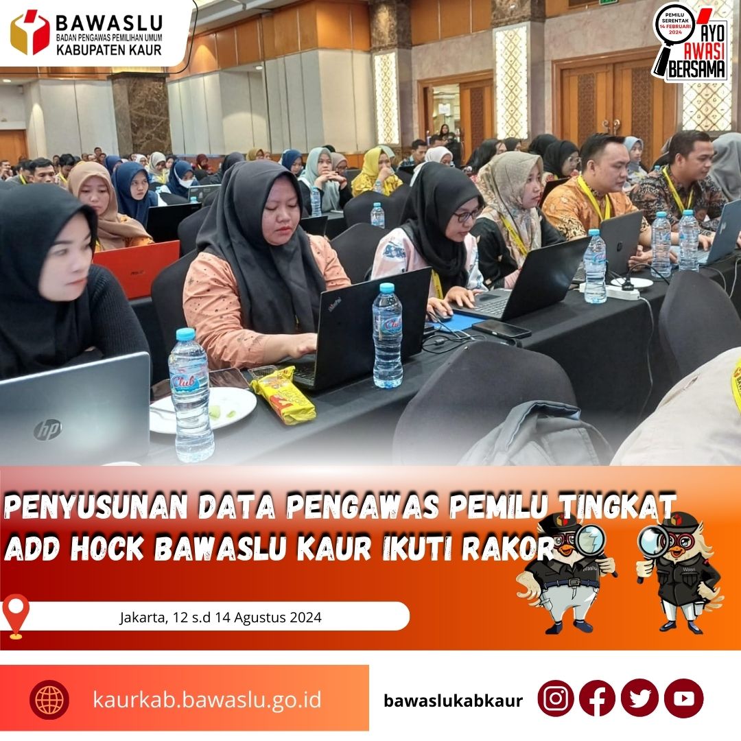 Koordinator Sekretariat Bawaslu Kab. Kaur Sisanto, S.Sos, beserta staf SDMO yang membidangi Penginputan Data Adhoc Novia Liestina Dalam Rakor Pengelolaan Data Pengawas Pemilu Adhoc untuk Pemilu Serentak Tahun 2024.