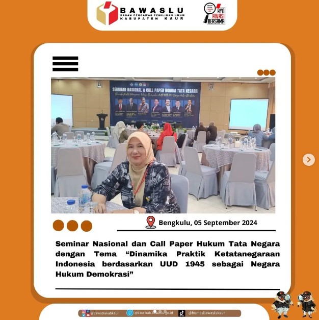 Kordiv Hukum Pencegahan Parmas dan Humas Titi Firda Kusni, S.H.I dalam menghadiri Seminar Nasional dan Call Paper Hukum Tata Negara di Hotel Grage Bengkulu.