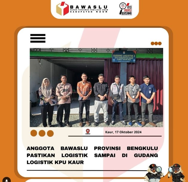 Kunjungan dari Anggota Bawaslu Provinsi Bengkulu untuk memastikan logistik sampai ke gudang Logistik KPU Kabupaten Kaur dengan baik dan tanpa kendala.