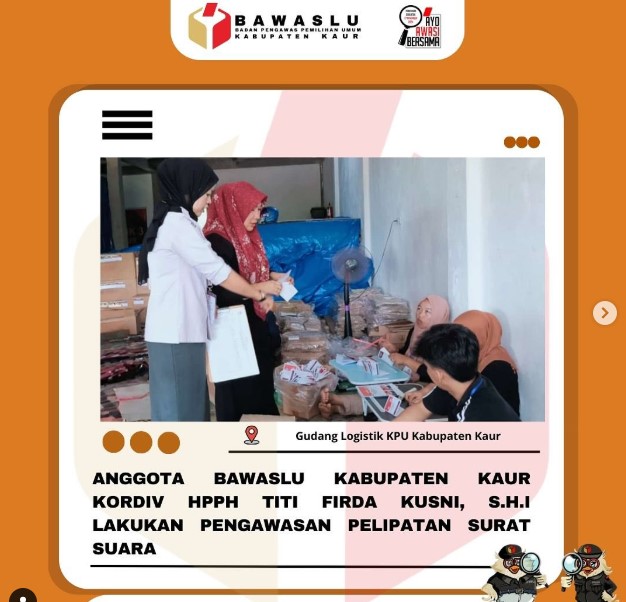 Anggota Bawaslu Kabupaten Kaur Kordiv HPPH Titi Firda Kusni, S.H.I dan staf lakukan pengawasan Penyortiran dan Pelipatan Surat Suara Gubernur dan Wakil Gubernur Provinsi Bengkulu di Gudang Logistik 3 KPU Kabupaten Kaur.