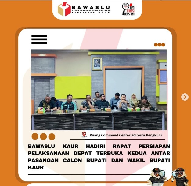 Ketua dan Anggota Bawaslu Kabupaten Kaur hadiri Rapat Persiapan Pelaksanaan Debat Terbuka Kedua Antar Pasangan Calon Bupati dan Wakil Bupati Kaur di Ruangan Command Center Polresta Bengkulu.