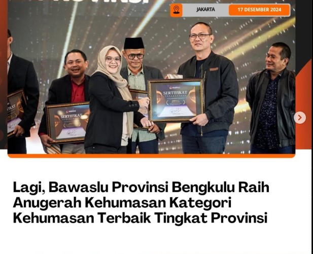 Bawaslu Provinsi Bengkulu Raih Anugerah Kehumasan Kategori Kehumasan Terbaik Tingkat Provinsi