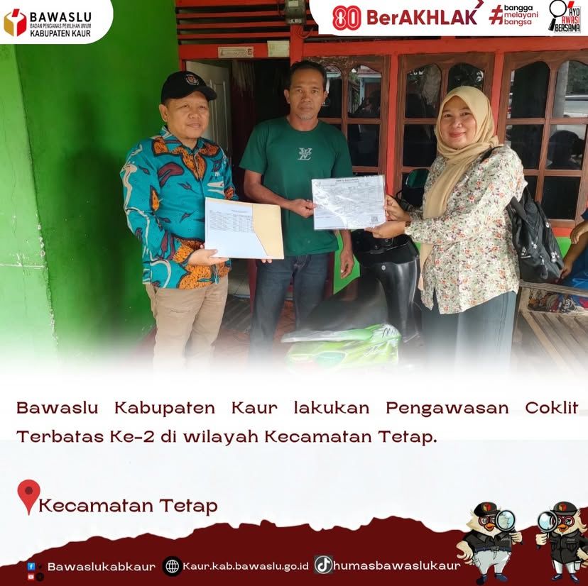 Kordiv HPPH Bawaslu Kabupaten Kaur Titi Firda Kusni beserta staf awasi pelaksanan coklit terbatas diwilayah kecamatan Tetap