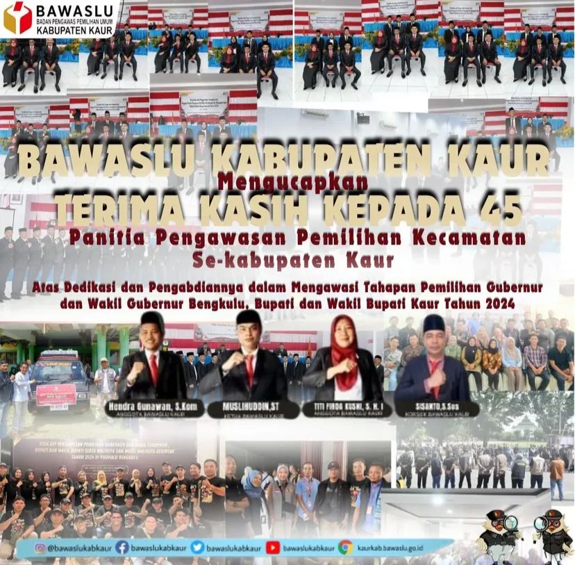 Terimakasih Kepada Panwascam Se-Kabupaten Kaur yang telah mensukseskan pesta demokrasi di Kabupaten Kaur.