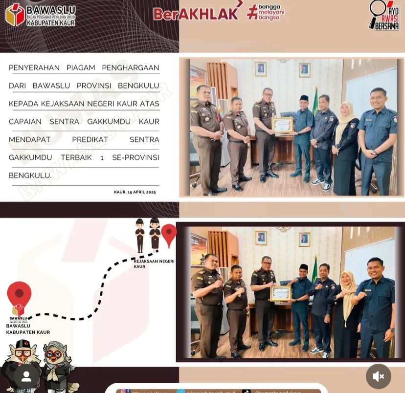 Bawaslu kaur serahan Piagam Perhanggan atas capaian sentra Gakkumdu Kaur