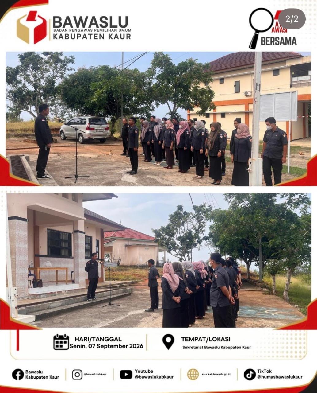 Apel pagi dipimpin oleh Koordinator Sekretariat (Korsek) Bawaslu Kabupaten Kaur, Sisanto, S.Sos.