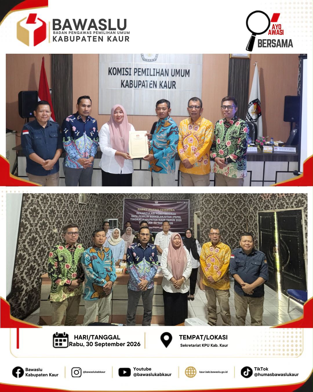 Bawaslu Kabupaten Kaur Rapat Pleno Rekapitulasi Pemutakhiran Data Pemilih Berkelanjutan (PDPB) Triwulan III Tahun 2026 yang dilaksanakan oleh KPU Kabupaten Kaur.